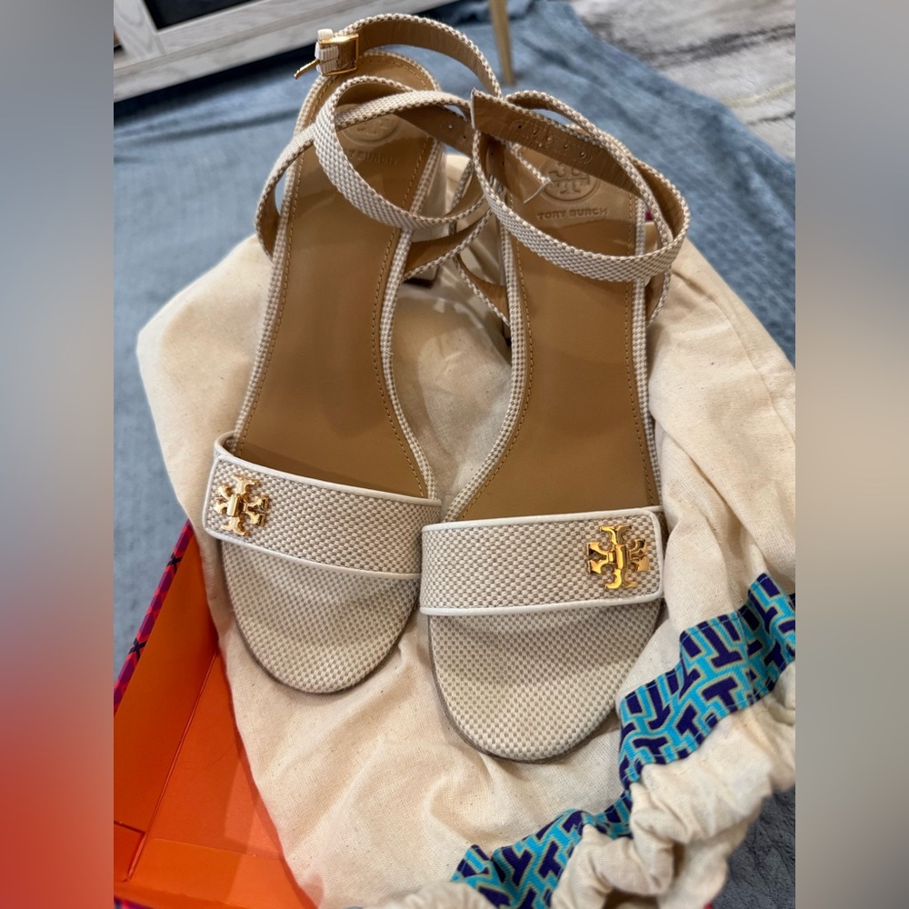 Tory Burch Kira Cream Ankle-Strap Sandals with Gold Logo 9.5